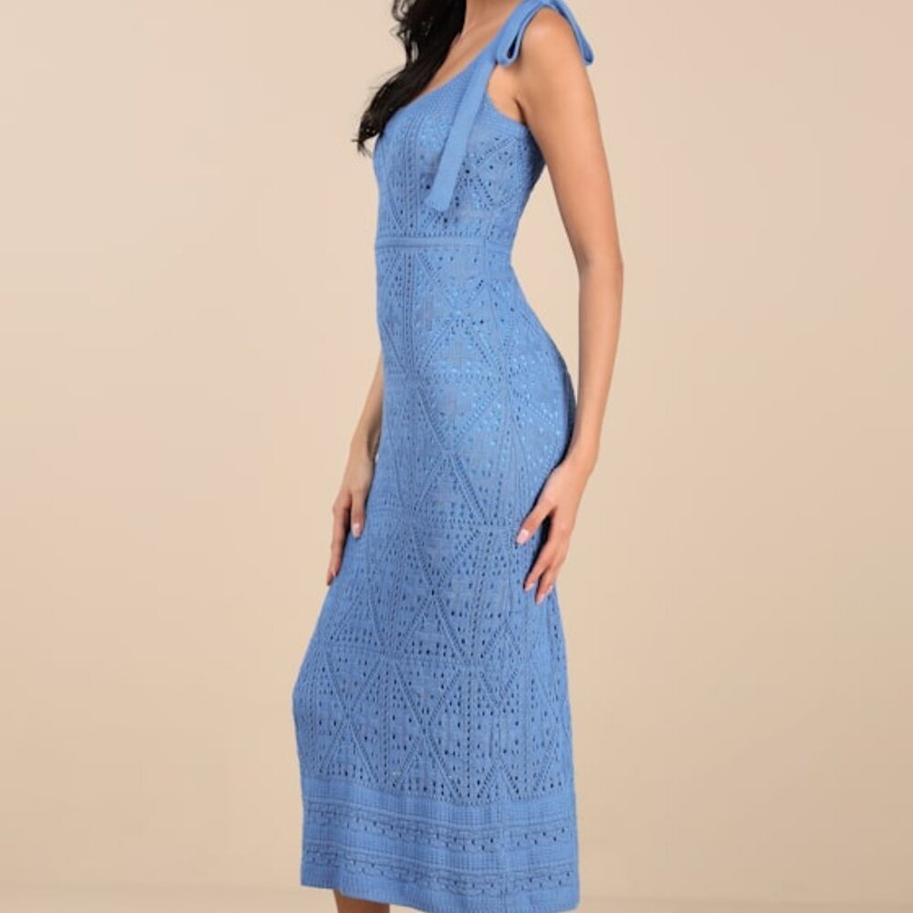 Lulus Adorable Darling Blue Crochet Tie-strap Midi Dress - Size L